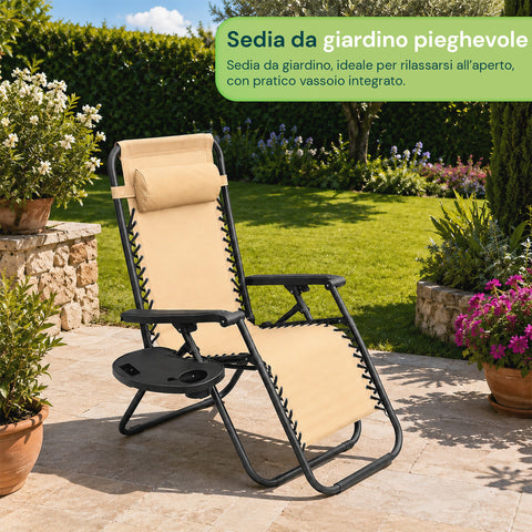Sedia da Giardino Pieghevole con Vassoio Laterale – Portata 120kg – Struttura in Ferro e Tessuto Teslin