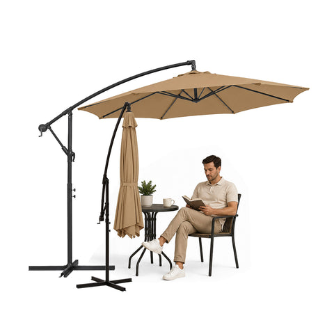 Ronde decentrale tuinparasol Ø3 m met zijarm van staal, zwengel en waterdicht, uv-bestendig polyester van 180 g voor tuin en terras