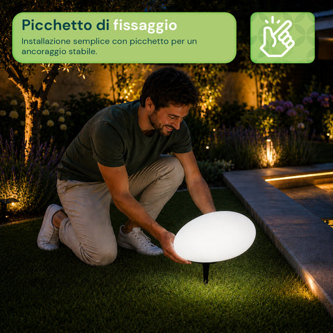Lampada Solare da Giardino con Telecomando, Luci LED RGB+Bianco, 8 Ore, Batteria Li-ion, Picchetto e Pannello Solare Integrato