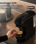 Macchina Caffè Espresso 4 in 1 – Capsule Nespresso, Dolce Gusto, Modo Mio e Macinato 19 Bar, 1450W, Serbatoio 0,6L, Spegnimento Automatico