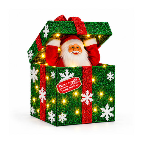 Lichtgevend cadeaupakket met muzikale en bewegende kerstman, H30 cm
