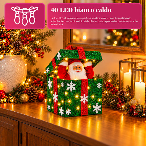 Lichtgevend cadeaupakket met muzikale en bewegende kerstman, H30 cm