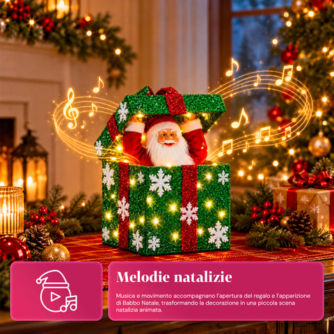 Lichtgevend cadeaupakket met muzikale en bewegende kerstman, H30 cm