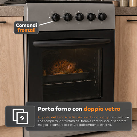 Gasfornuis van 50x50 cm met gasoven van 49 liter, 4 branders met verschillend vermogen, veiligheidskleppen en deksel