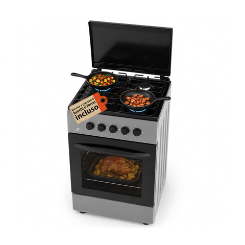 Gasfornuis van 50x50 cm met gasoven van 49 liter, 4 branders met verschillend vermogen, veiligheidskleppen en deksel