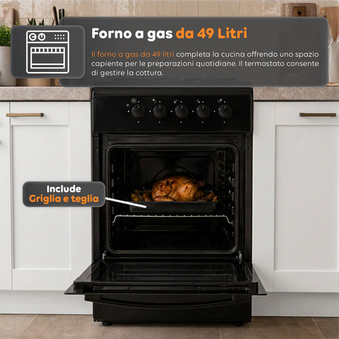 Gasfornuis van 50x50 cm met gasoven van 49 liter, 4 branders met verschillend vermogen, veiligheidskleppen en deksel
