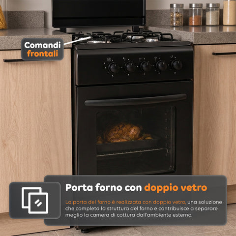 Gasfornuis van 50x50 cm met gasoven van 49 liter, 4 branders met verschillend vermogen, veiligheidskleppen en deksel