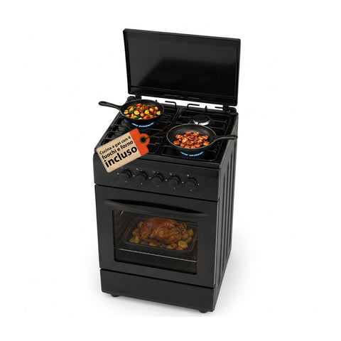 Gasfornuis van 50x50 cm met gasoven van 49 liter, 4 branders met verschillend vermogen, veiligheidskleppen en deksel