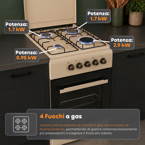 Gasfornuis van 50x50 cm met gasoven van 49 liter, 4 branders met verschillend vermogen, veiligheidskleppen en deksel