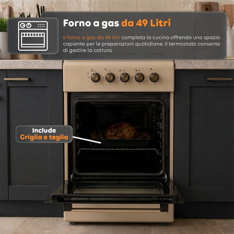 Gasfornuis van 50x50 cm met gasoven van 49 liter, 4 branders met verschillend vermogen, veiligheidskleppen en deksel