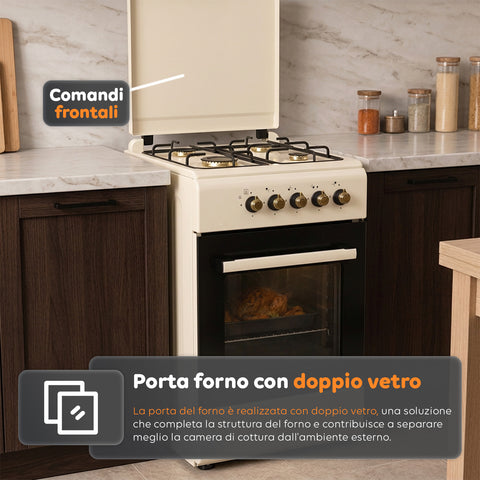 Gasfornuis van 50x50 cm met gasoven van 49 liter, 4 branders met verschillend vermogen, veiligheidskleppen en deksel