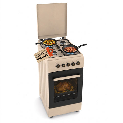Gasfornuis van 50x50 cm met gasoven van 49 liter, 4 branders met verschillend vermogen, veiligheidskleppen en deksel