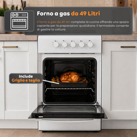 Gasfornuis van 50x50 cm met gasoven van 49 liter, 4 branders met verschillend vermogen, veiligheidskleppen en deksel