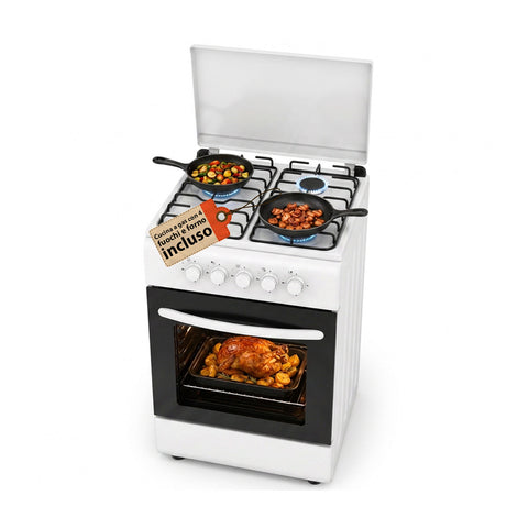 Gasfornuis van 50x50 cm met gasoven van 49 liter, 4 branders met verschillend vermogen, veiligheidskleppen en deksel