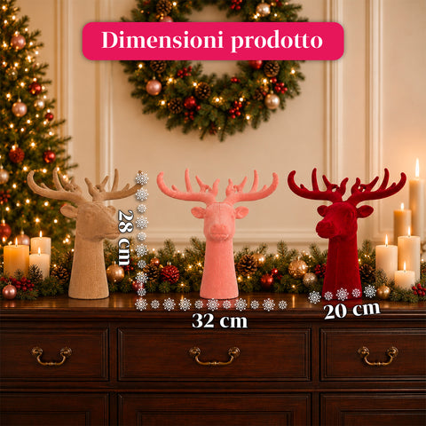 Testa di Cervo Decorativa Set 3 Pezzi Effetto Velluto 32x20x28 cm, Soprammobile Design Natalizio