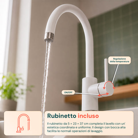 Lavello Cucina a Due Vasche con o senza Gocciolatoio, Bianco o Nero, Rubinetto incluso