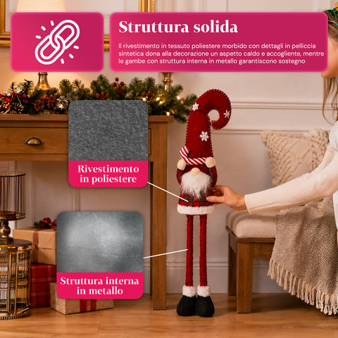 Uitschuifbare kerstdwerg van 80 cm met rode muts en sneeuwvlokken – kerstdecoratie voor op tafel van tartanstof met verstelbare structuur