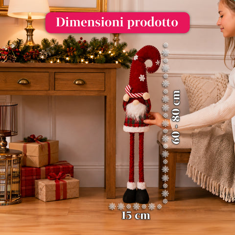 Uitschuifbare kerstdwerg van 80 cm met rode muts en sneeuwvlokken – kerstdecoratie voor op tafel van tartanstof met verstelbare structuur