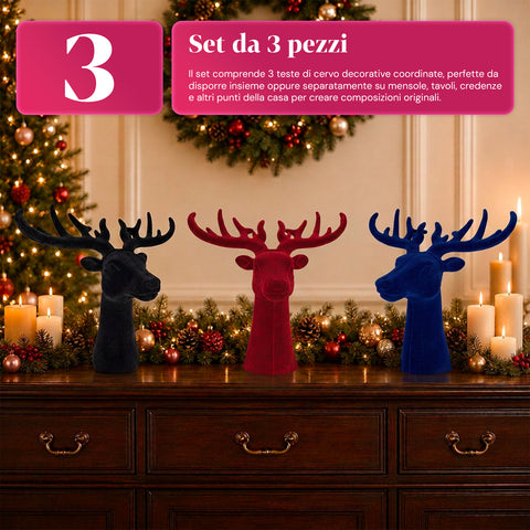 Testa di Cervo Decorativa Set 3 Pezzi Effetto Velluto 32x20x28 cm, Soprammobile Design Natalizio