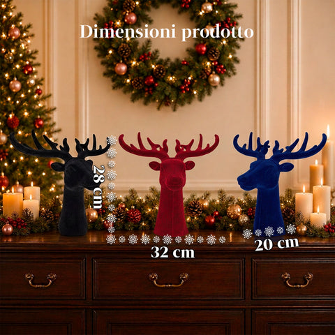 Decoratieve hertenkop, set van 3, fluweeleffect, 32 x 20 x 28 cm, kerstdesign voor op tafel