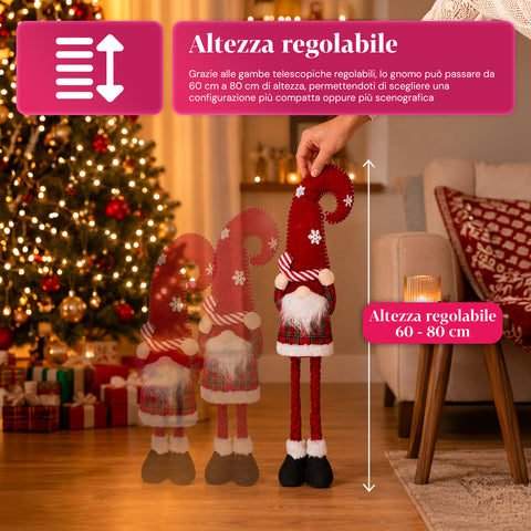 Uitschuifbare kerstdwerg van 80 cm met rode muts en sneeuwvlokken – kerstdecoratie voor op tafel van tartanstof met verstelbare structuur