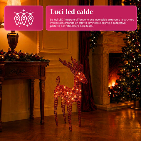Verlicht rendier van 90 cm met glitter en warmwit ledlicht | Kerstdecoratie van vlechtwerk – 2 afwerkingen, 3 kleuren
