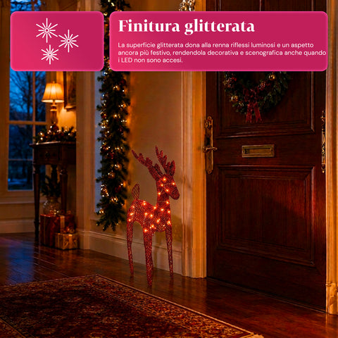 Verlicht rendier van 90 cm met glitter en warmwit ledlicht | Kerstdecoratie van vlechtwerk – 2 afwerkingen, 3 kleuren