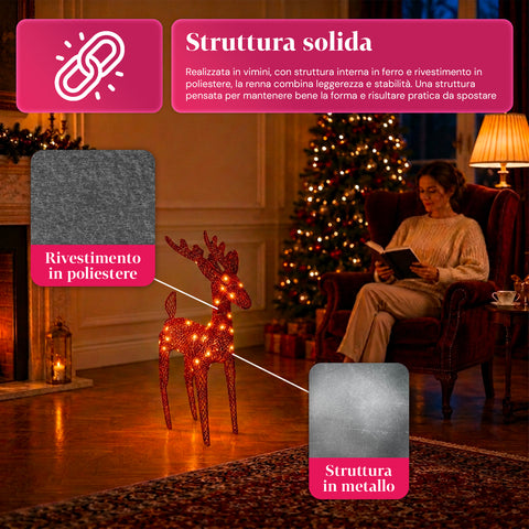 Verlicht rendier van 90 cm met glitter en warmwit ledlicht | Kerstdecoratie van vlechtwerk – 2 afwerkingen, 3 kleuren
