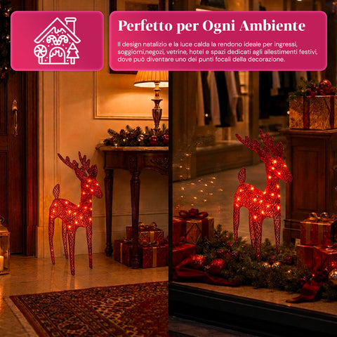 Verlicht rendier van 90 cm met glitter en warmwit ledlicht | Kerstdecoratie van vlechtwerk – 2 afwerkingen, 3 kleuren