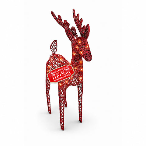 Verlicht rendier van 90 cm met glitter en warmwit ledlicht | Kerstdecoratie van vlechtwerk – 2 afwerkingen, 3 kleuren
