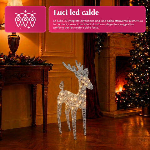 Verlicht rendier van 90 cm met glitter en warmwit ledlicht | Kerstdecoratie van vlechtwerk – 2 afwerkingen, 3 kleuren