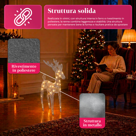 Verlicht rendier van 90 cm met glitter en warmwit ledlicht | Kerstdecoratie van vlechtwerk – 2 afwerkingen, 3 kleuren
