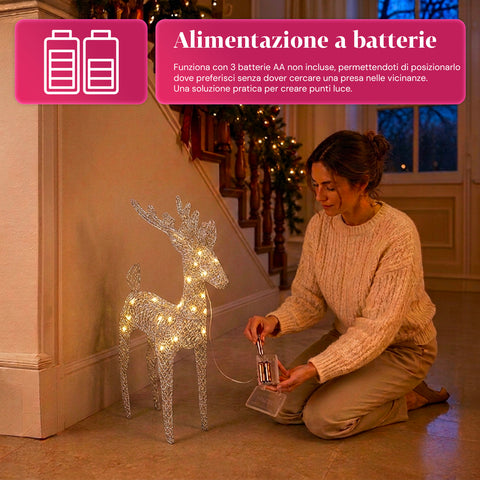 Verlicht rendier van 90 cm met glitter en warmwit ledlicht | Kerstdecoratie van vlechtwerk – 2 afwerkingen, 3 kleuren