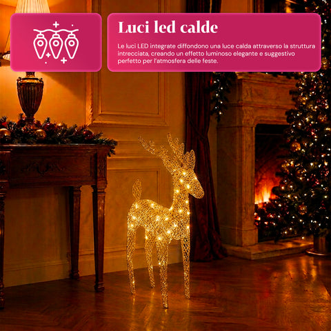 Verlicht rendier van 90 cm met glitter en warmwit ledlicht | Kerstdecoratie van vlechtwerk – 2 afwerkingen, 3 kleuren