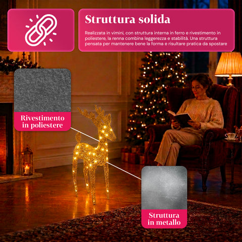 Verlicht rendier van 90 cm met glitter en warmwit ledlicht | Kerstdecoratie van vlechtwerk – 2 afwerkingen, 3 kleuren