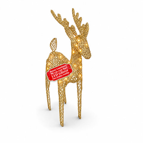 Verlicht rendier van 90 cm met glitter en warmwit ledlicht | Kerstdecoratie van vlechtwerk – 2 afwerkingen, 3 kleuren