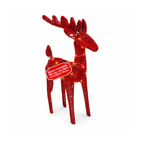 Verlicht rendier van 90 cm met glitter en warmwit ledlicht | Kerstdecoratie van vlechtwerk – 2 afwerkingen, 3 kleuren