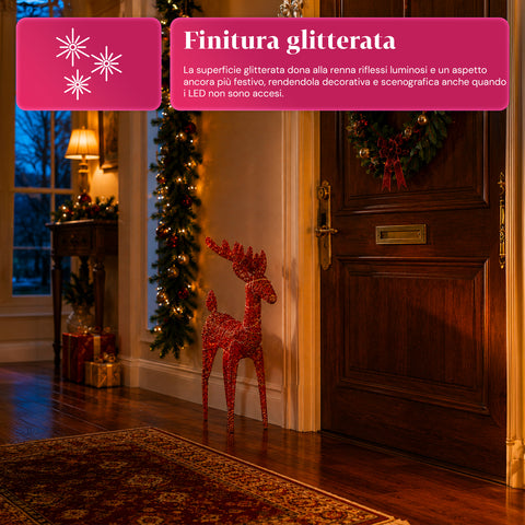 Verlicht rendier van 90 cm met glitter en warmwit ledlicht | Kerstdecoratie van vlechtwerk – 2 afwerkingen, 3 kleuren