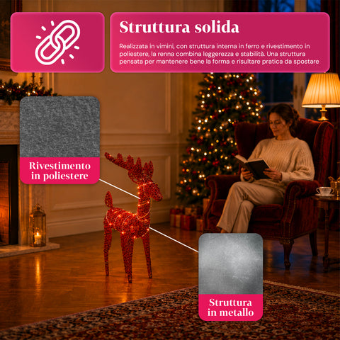 Verlicht rendier van 90 cm met glitter en warmwit ledlicht | Kerstdecoratie van vlechtwerk – 2 afwerkingen, 3 kleuren