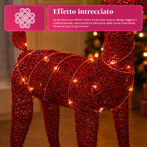 Verlicht rendier van 90 cm met glitter en warmwit ledlicht | Kerstdecoratie van vlechtwerk – 2 afwerkingen, 3 kleuren