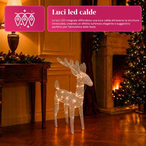 Verlicht rendier van 90 cm met glitter en warmwit ledlicht | Kerstdecoratie van vlechtwerk – 2 afwerkingen, 3 kleuren