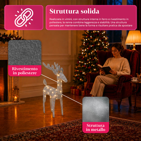 Verlicht rendier van 90 cm met glitter en warmwit ledlicht | Kerstdecoratie van vlechtwerk – 2 afwerkingen, 3 kleuren