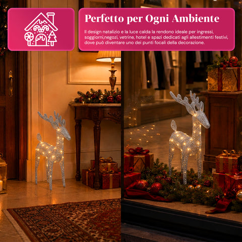 Verlicht rendier van 90 cm met glitter en warmwit ledlicht | Kerstdecoratie van vlechtwerk – 2 afwerkingen, 3 kleuren
