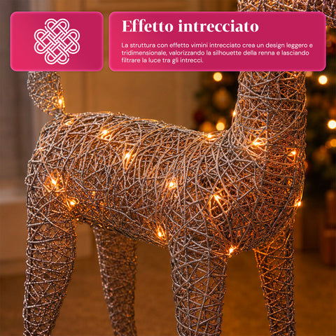 Verlicht rendier van 90 cm met glitter en warmwit ledlicht | Kerstdecoratie van vlechtwerk – 2 afwerkingen, 3 kleuren