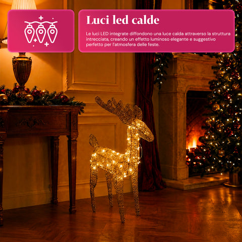 Verlicht rendier van 90 cm met glitter en warmwit ledlicht | Kerstdecoratie van vlechtwerk – 2 afwerkingen, 3 kleuren
