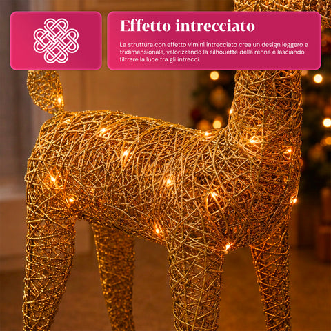 Verlicht rendier van 90 cm met glitter en warmwit ledlicht | Kerstdecoratie van vlechtwerk – 2 afwerkingen, 3 kleuren