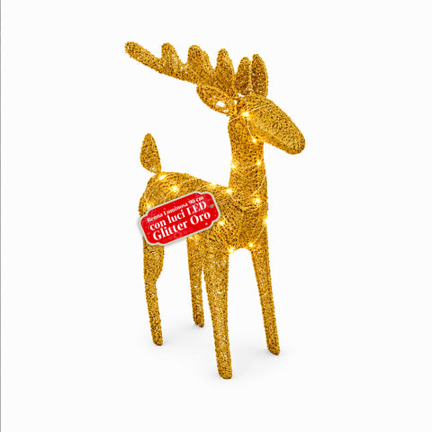 Verlicht rendier van 90 cm met glitter en warmwit ledlicht | Kerstdecoratie van vlechtwerk – 2 afwerkingen, 3 kleuren