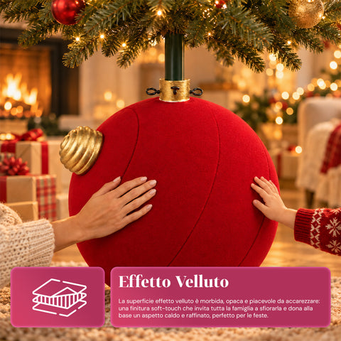 Grote kerstboomvoet met fluweeleffect, 41x41x44 cm, voor bomen tot 180 cm – voetafdekking met bevestiging Ø 4 cm, bordeauxrood en groen