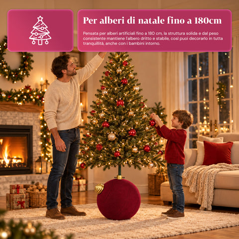 Grote kerstboomvoet met fluweeleffect, 41x41x44 cm, voor bomen tot 180 cm – voetafdekking met bevestiging Ø 4 cm, bordeauxrood en groen