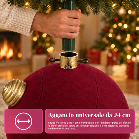 Grote kerstboomvoet met fluweeleffect, 41x41x44 cm, voor bomen tot 180 cm – voetafdekking met bevestiging Ø 4 cm, bordeauxrood en groen